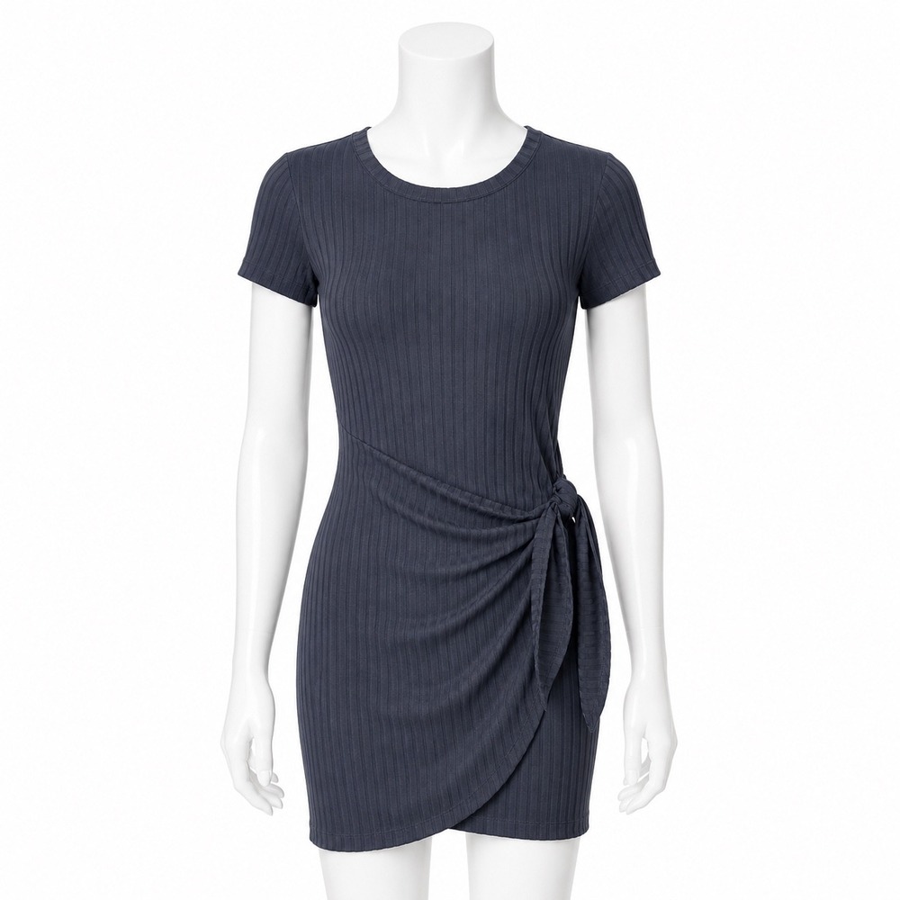 Evereve Ribbed Mini Dress Women's Small Gray Apron Wrap Tie